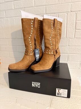 Madden NYC Women's Tan Suede Studded Mid-Calf Heeled Boots